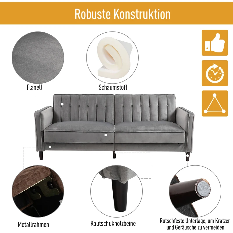 HOMCOM® SOFA ROZKŁADANA 3-OSOBOWA GRUBE OBICIE FLANELOWE METALOWY STELAŻ OBCIĄŻENIE 250 KG 205 x 98 x 98 cm