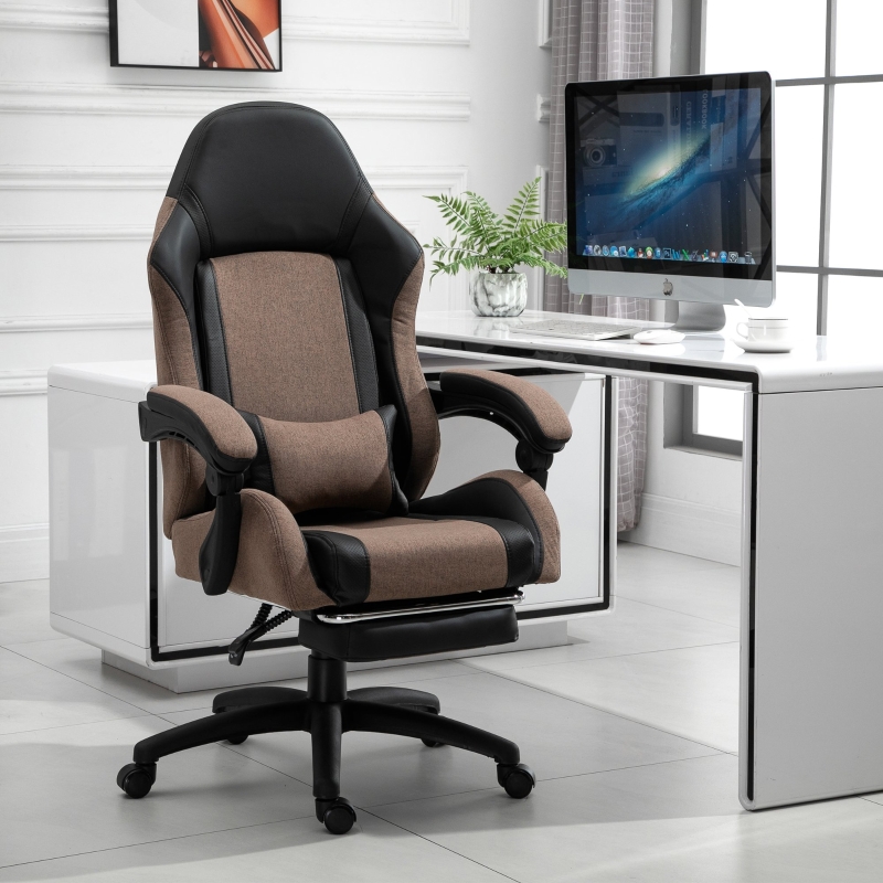 Krzesło biurowe ergonomiczne krzesło gamingowe krzesło obrotowe z podnóżkiem len brązowy