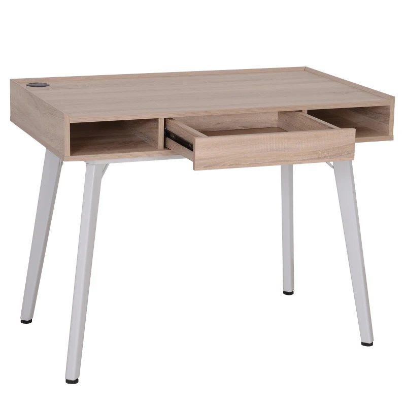 HOMCOM® BIURKO KOMPUTEROWE PC LAPTOP OTWORY NA KABLE drewno + metal naturalny + biały 100 x 60 x 77 cm