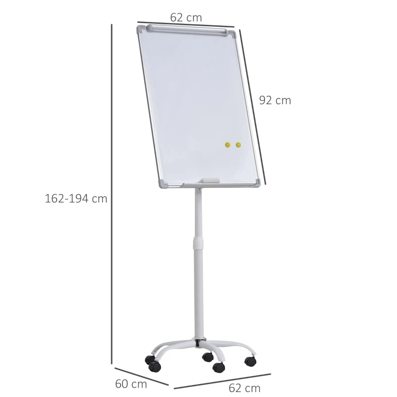 Magnetyczna tablica suchościeralna na kółkach, z regulacją wysokości, do wycierania na sucho, półka na pisaki