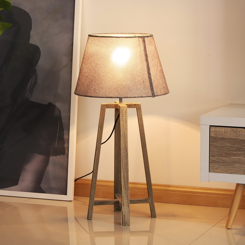 HOMCOM® LAMPKA STOŁOWA NOCNA STOJĄCA KLOSZ drewno szara 40 W styl skandynawski