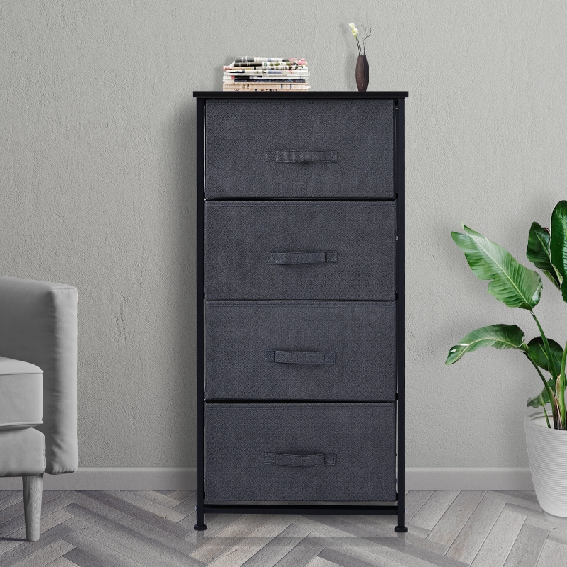 HOMCOM® SZAFKA DO PRZECHOWYWANIA Z 4 SKŁADANYMI TEKSTYLNYMI SZUFLADAMI METALOWY STELAŻ + DREWNO + LEN szara 45 x 30 x 92 cm