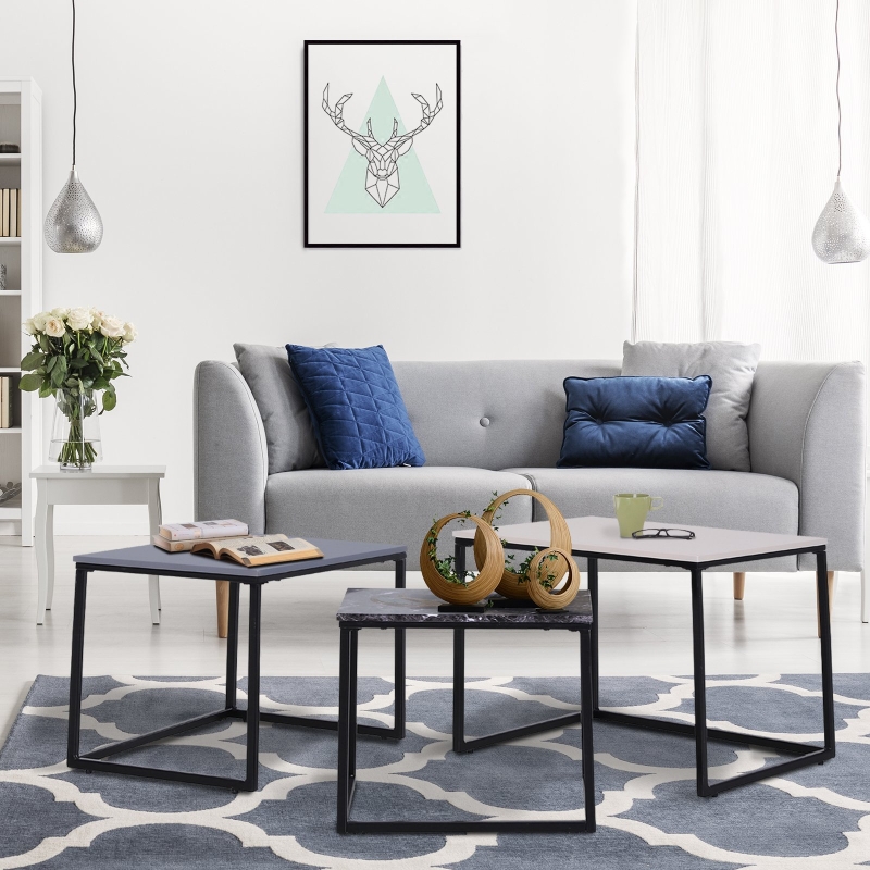 HOMCOM® 3-CZĘŚCIOWY ZESTAW STOLIKÓW KAWOWYCH METALOWA PODSTAWA MDF 3-kolorowy 55 x 40 x 45 cm/48 x 37 x 40 cm/41 x 34 x 35 cm