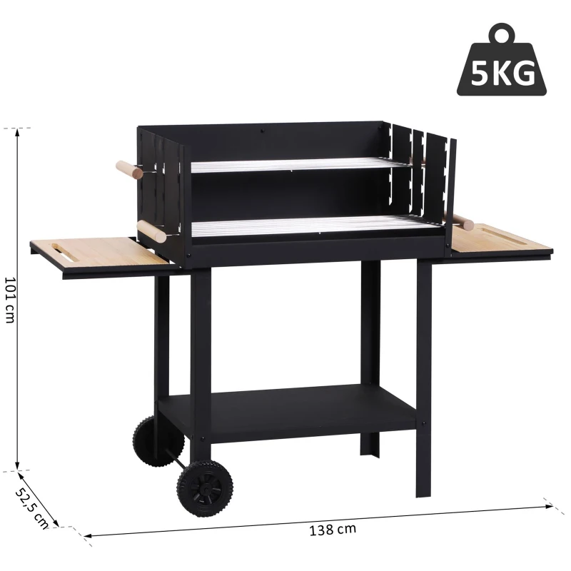 Outsunny® GRILL WĘGLOWY STOJĄCY KÓŁKA OSŁONA PRZECIWWIETRZNA 2 x REGULOWANE RUSZTY metal czarny