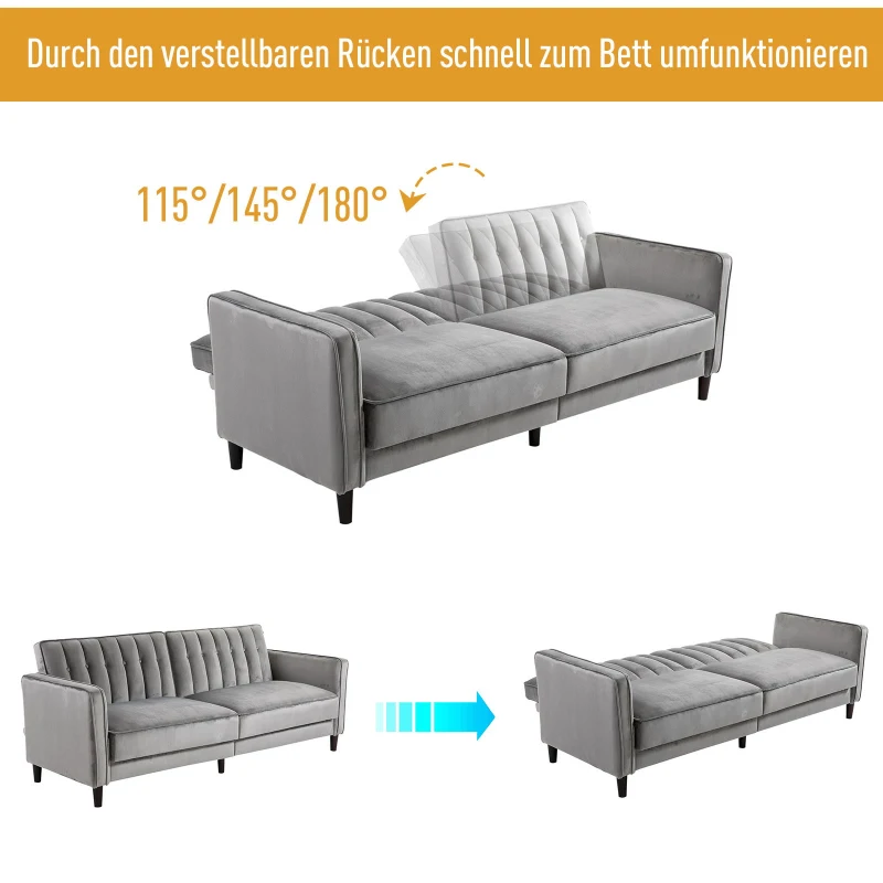 HOMCOM® SOFA ROZKŁADANA 3-OSOBOWA GRUBE OBICIE FLANELOWE METALOWY STELAŻ OBCIĄŻENIE 250 KG 205 x 98 x 98 cm