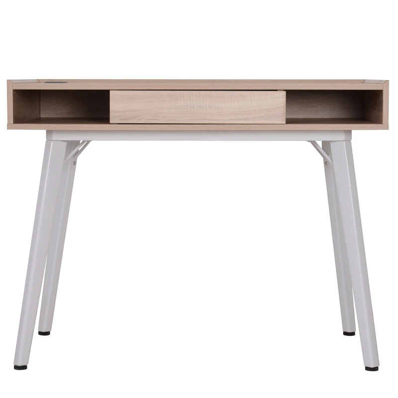 HOMCOM® BIURKO KOMPUTEROWE PC LAPTOP OTWORY NA KABLE drewno + metal naturalny + biały 100 x 60 x 77 cm