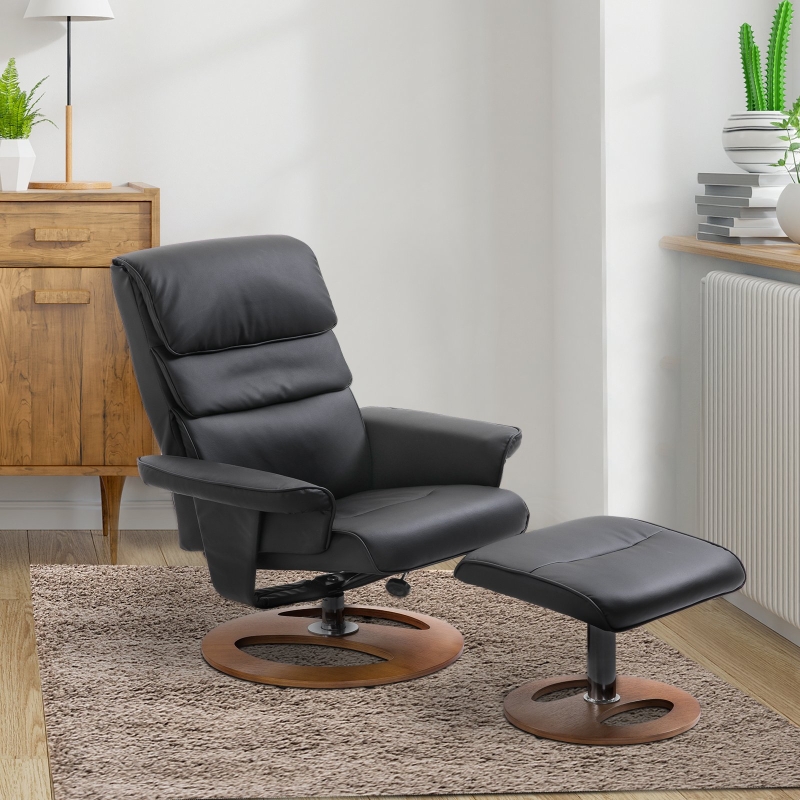 HOMCOM® FOTEL RELAKSACYJNY Z PODNÓŻKIEM TV OBROTOWY 360° ODCHYLANY 120° OBICIE PU DREWNIANIA PODSTAWA czarny 81 x 76 x 103 cm