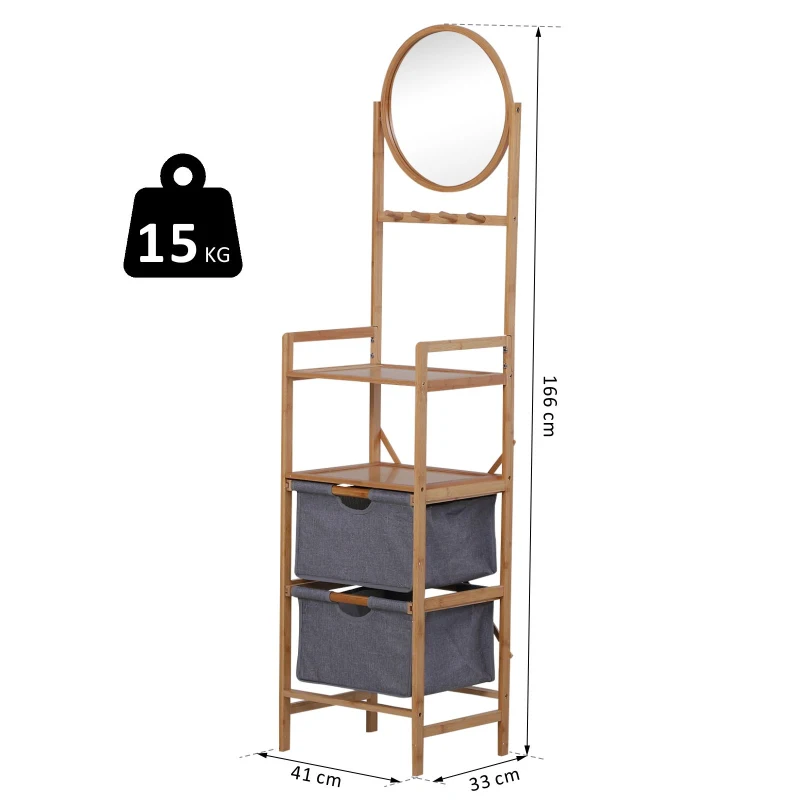 HOMCOM® Regał Łazienkowy Lustro 2 Szuflady Stojący 4 Haki Bambus Naturalny