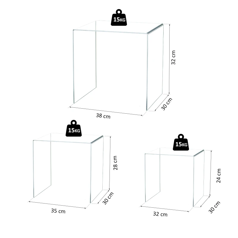 HOMCOM® STOLIK ZESTAW 3-CZĘŚCIOWY KAWOWY SZKLANY PRZEZROCZYSTE SZKŁO AKRYLOWE 32 x 30 x 24 cm/35 x 30 x 28 cm/38 x 30 x 32 cm