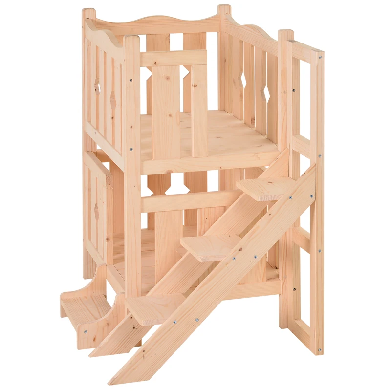 PawHut® Domek Łóżko dla Kota 2 Poziomy Legowisko dla Szczeniąt Schodki Drewno Jodłowe