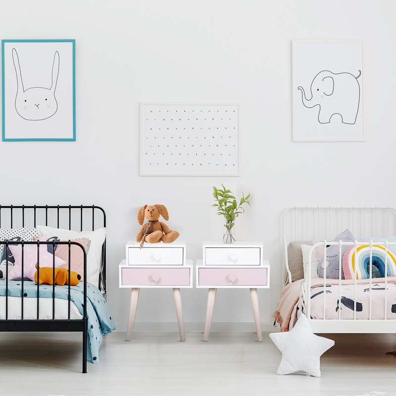 HOMCOM® Szafka Nocna Do Pokoju Dziecięcego Zestaw 2 Szafek 2 Szuflady Płyta MDF Różowa