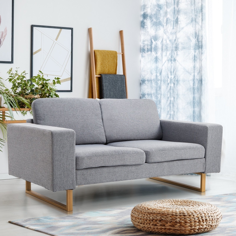 HOMCOM® SOFA DWUOSOBOWA TAPICEROWANA Z DREWNA jasnoszara