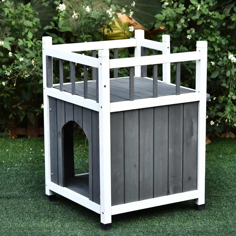 PawHut® Domek Dla Kota z Balkonem Budka Chatka dla Kota 2 Drzwi 2 Platformy Lite Drewno