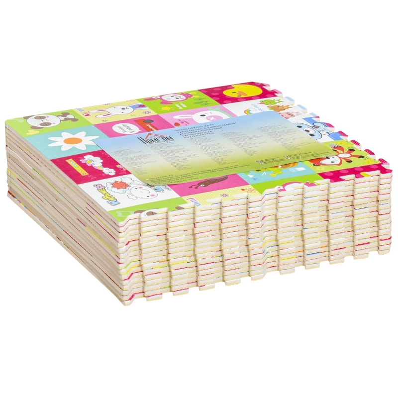 HOMCOM Mata puzzle Mata do zabawy dla niemowląt dzieci Zabawa Edukacja Składana Pianka EVA wzór: zwierzęta 61,5 x 61,5 cm