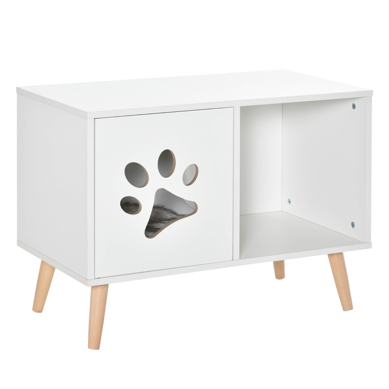 PawHut 2-in-1 Katzenhöhle Katzenschrank für katzentoilette Katzenwohnung mit magnetischer Türen Kissen Spanplatte Kiefernholz Nylon Weiß 75 x 40 x 55 cm
