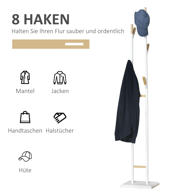 HOMCOM Kapstok staande kapstok met 8 haken wit metaal bamboe 34 x 30 x 183 cm