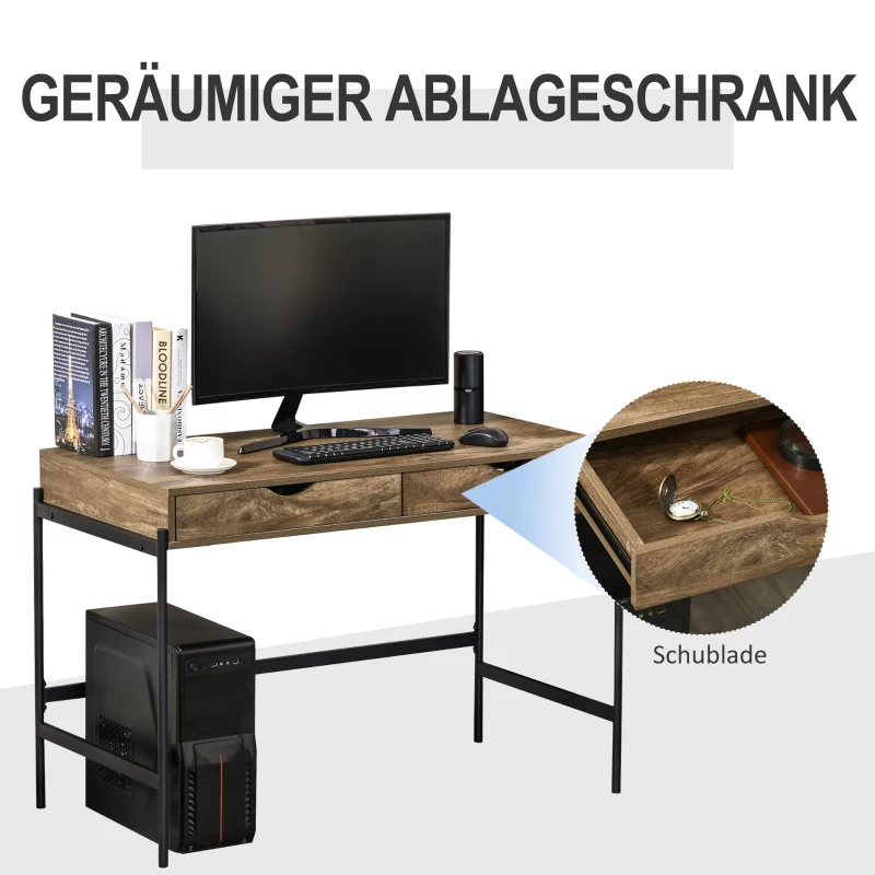 HOMCOM computertafel industriële stijl bureau bureautafel met lades home office tafel MDF metaal bruin + zwart 110 x 55 x 75 cm