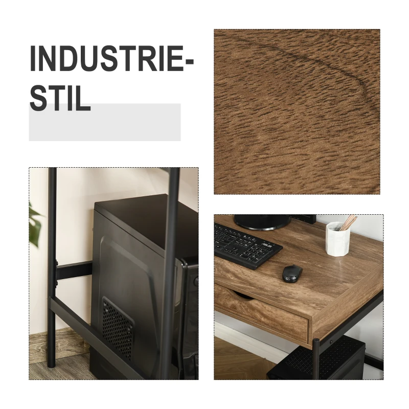 HOMCOM computertafel industriële stijl bureau bureautafel met lades home office tafel MDF metaal bruin + zwart 110 x 55 x 75 cm