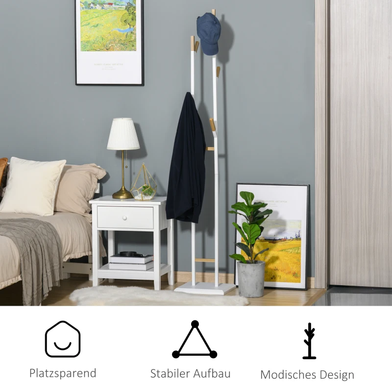 HOMCOM Kapstok staande kapstok met 8 haken wit metaal bamboe 34 x 30 x 183 cm