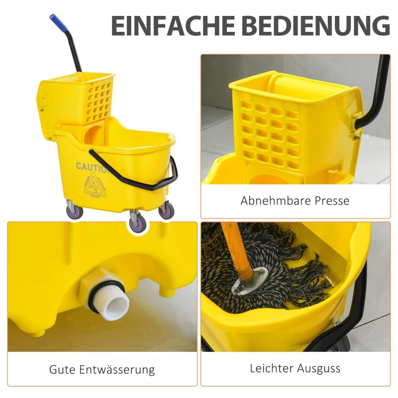 HOMCOM schoonmaakwagen schoonmaakemmer met grote capaciteit draagbare mobiele emmer met wielen waterschild handvat afvalwaterafvoer design zijdruk wringer PP kunststof metaal geel 60 x 36 x 84 cm