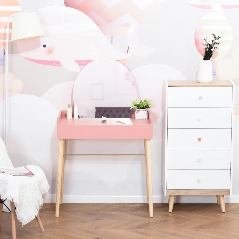HOMCOM kaptafel voor slaapkamer opmaaktafel cosmeticatafel met spiegel schuiflade licht luxe stijl MDF grenenhout roze 76 x 48 x 123.5 cm