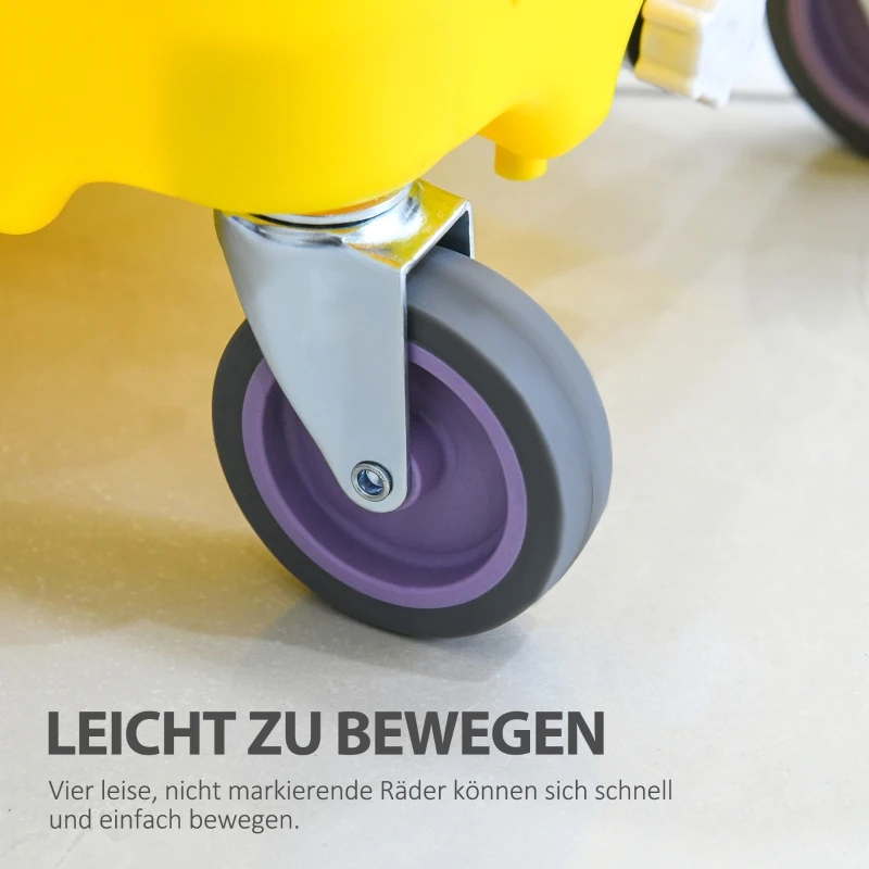 HOMCOM schoonmaakwagen schoonmaakemmer met grote capaciteit draagbare mobiele emmer met wielen waterschild handvat afvalwaterafvoer design zijdruk wringer PP kunststof metaal geel 60 x 36 x 84 cm