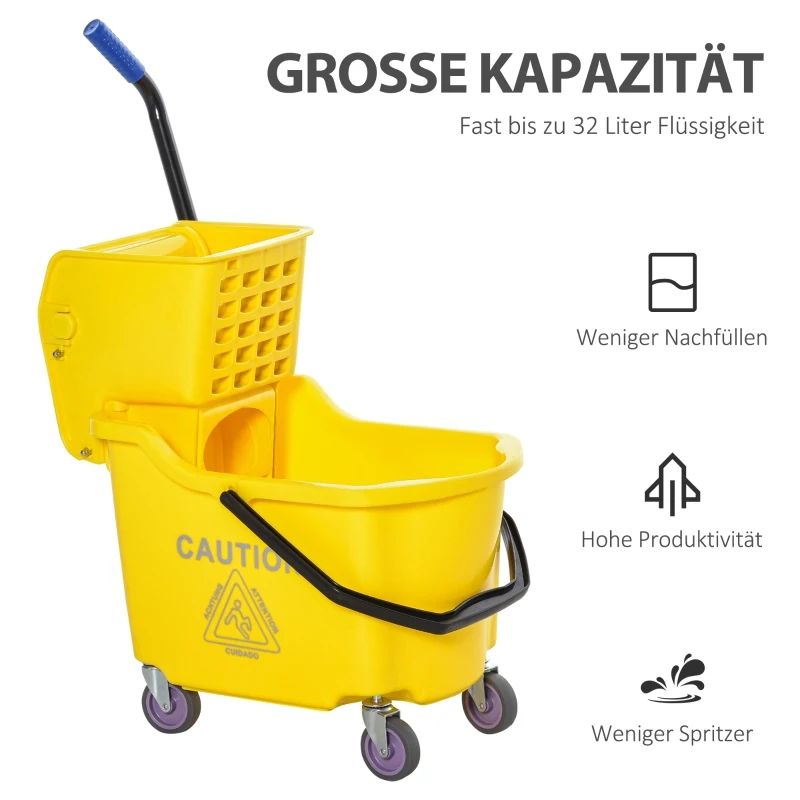 HOMCOM schoonmaakwagen schoonmaakemmer met grote capaciteit draagbare mobiele emmer met wielen waterschild handvat afvalwaterafvoer design zijdruk wringer PP kunststof metaal geel 60 x 36 x 84 cm