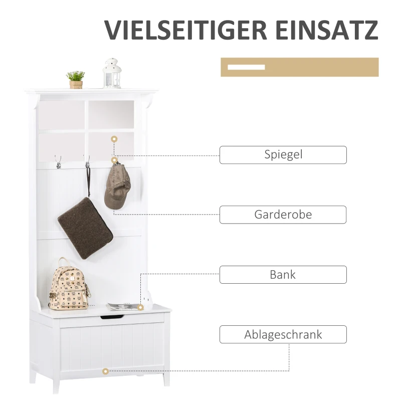 HOMCOM moderne kapstok met bank spiegel kleerhanger met 3 haken opbergkast voor hal slaapkamer woonkamer wit MDF 81 x 44,5 x 181 cm