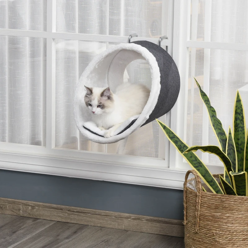 PawHut kattenhanghol voor radiatoren raamzit kattenhol kattenmand haak verstelbaar hangend design donkergrijs + wit metalen linnen handdoek flanel 48 x 35 x 35 cm
