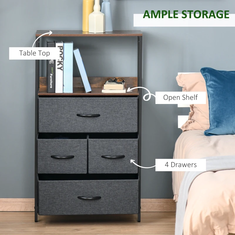 HOMCOM 4 Drawer Chest of Drawer, Bedroom Dresser with Open Shelves and Metal Frame, Dark Grey