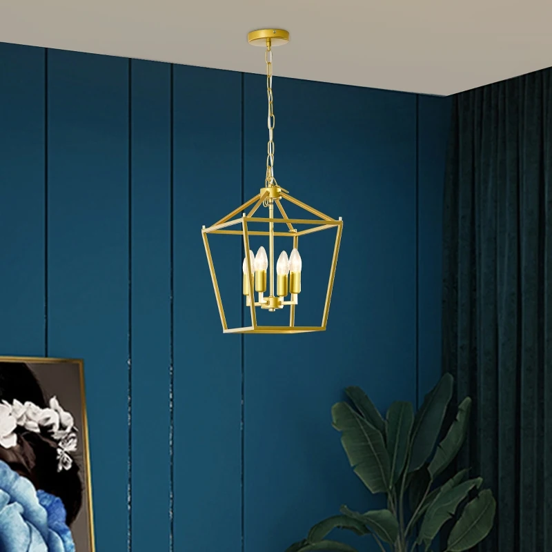 HOMCOM kroonluchter hanglamp 4-vlams hanglamp met verstelbare ophangketting voor woonkamer slaapkamer industrieel metaal goud 30 x 30 x 120 cm