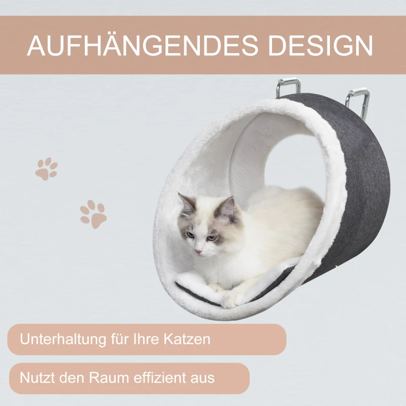 PawHut kattenhanghol voor radiatoren raamzit kattenhol kattenmand haak verstelbaar hangend design donkergrijs + wit metalen linnen handdoek flanel 48 x 35 x 35 cm