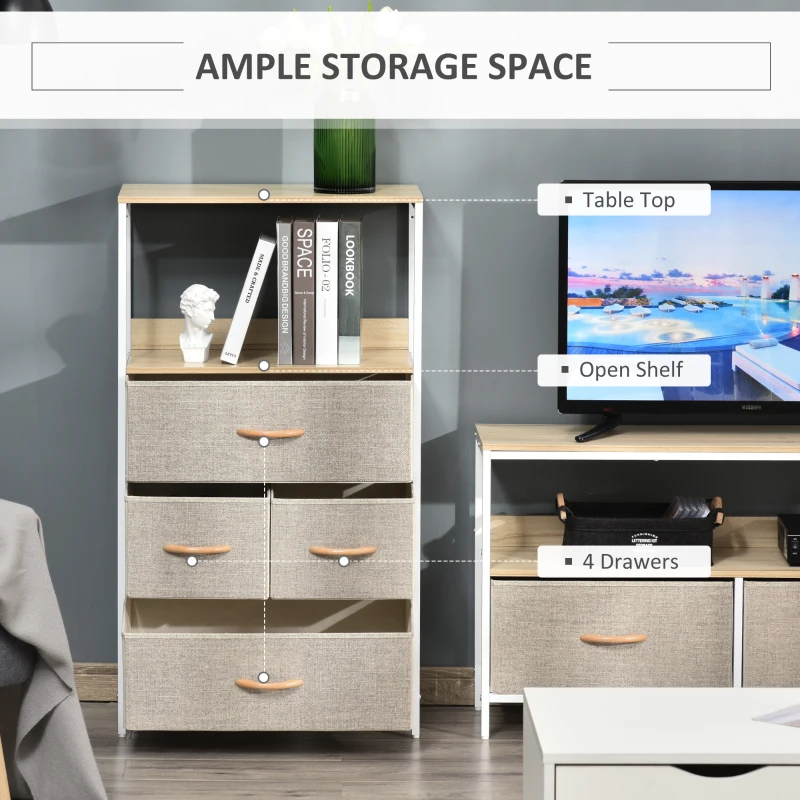 HOMCOM Chest of Drawers Bedroom Unit Storage Cabinet with 4 Fabric Bins for Living Room