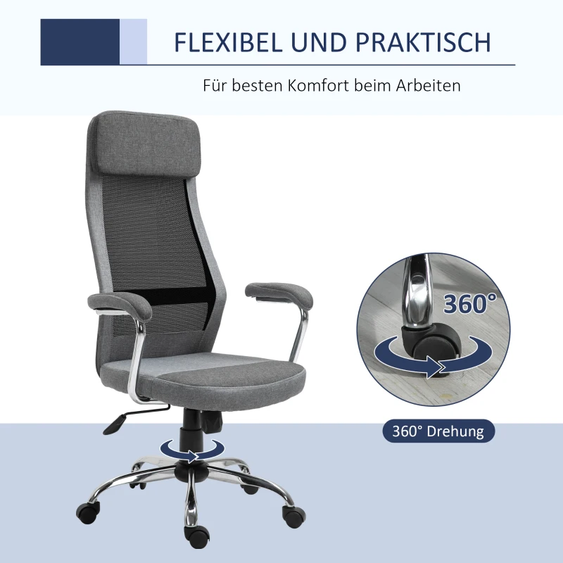 Vinsetto bureaustoel computerstoel ergonomische bureaustoel hoogteverstelling en hoofdsteun met schuimstof scandinavische stijl lichtgrijs + zwart 65 x 60 x 119-129 cm