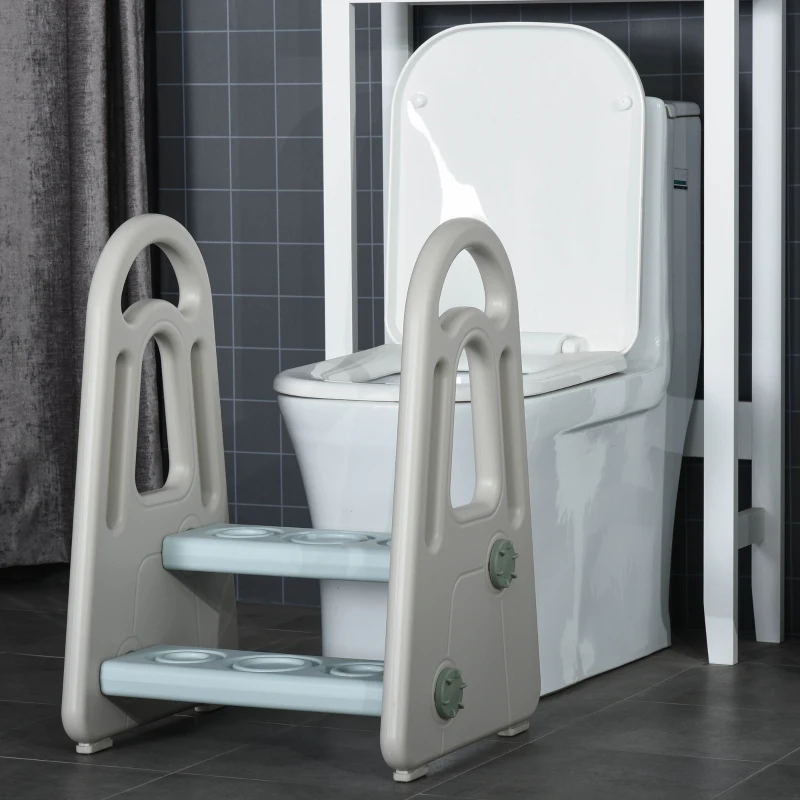 HOMCOM leertoren opstapje staand met 2 treden piramidestructuur veiligheid badkamer slaapkamer keuken blauw + grijs voor 2-5 jaar HDPE PP 43,5 x 38,5 x 61 cm