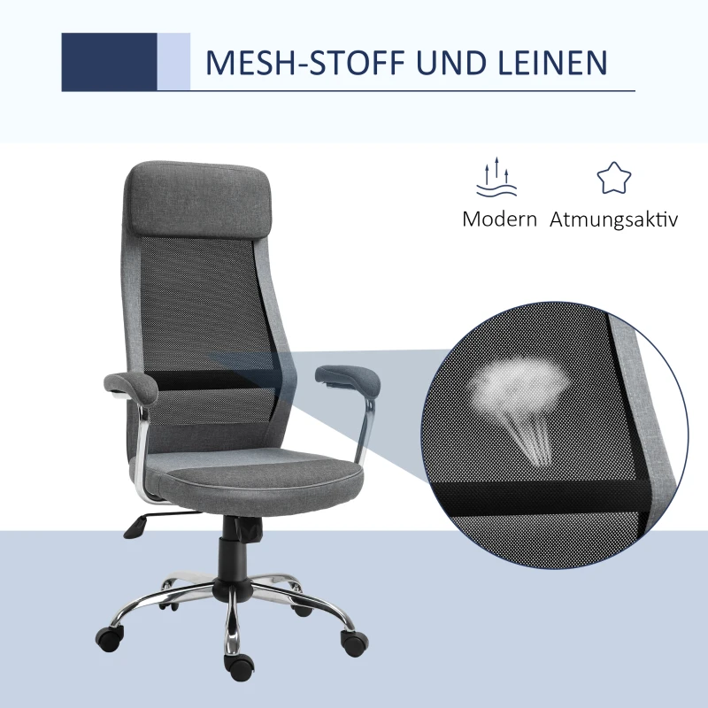 Vinsetto bureaustoel computerstoel ergonomische bureaustoel hoogteverstelling en hoofdsteun met schuimstof scandinavische stijl lichtgrijs + zwart 65 x 60 x 119-129 cm