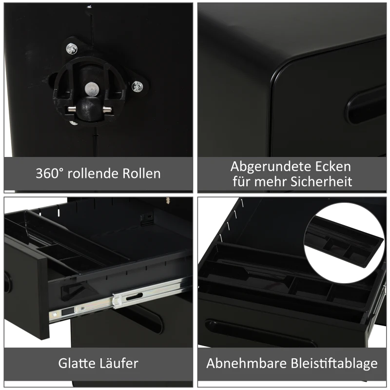 Vinsetto rolcontainer, archiefkast, kantoorcontainer met 3 laden, kantoorkast, opslag, container, staal, zwart, 39 x 48 x 59 cm