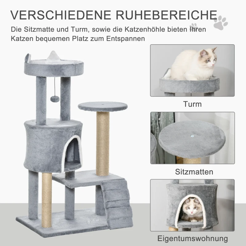 PawHut krabpaal met kattengrot Ladder krabpaal hoogte 100 cm Klimboom voor katten Spaanplaat jute grijs 60 x 40 x 100 cm