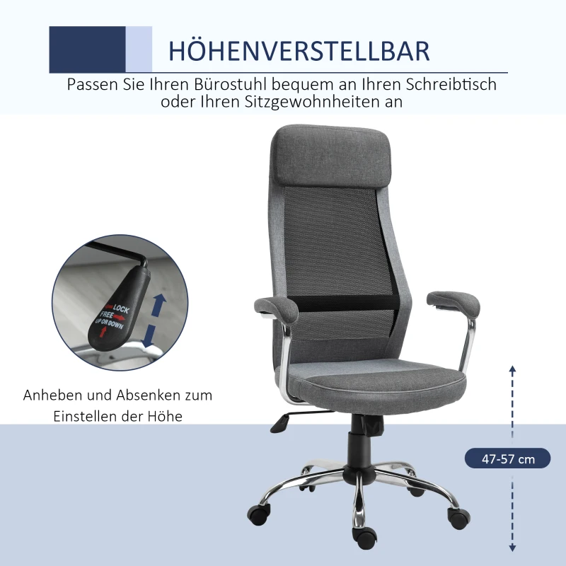 Vinsetto bureaustoel computerstoel ergonomische bureaustoel hoogteverstelling en hoofdsteun met schuimstof scandinavische stijl lichtgrijs + zwart 65 x 60 x 119-129 cm