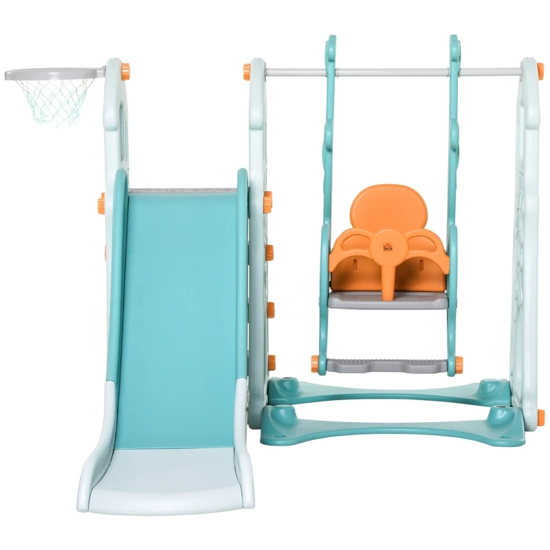 HOMCOM 3 in 1 kinderschommel kinderglijset speeltoren voor kinderen van 18 tot 48 maanden Kinderspeeltuin met basketbalring HDPE PP blauwgroen + geel 149 x 186 x 98 cm