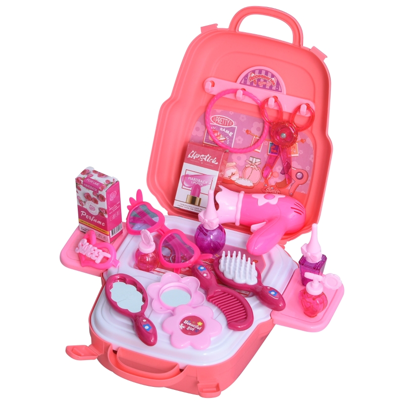 HOMCOM Kinder Schminkset Spielzeug Prinzessin Friseur Set Frisierkoffer Rollenspiel Schminkkoffer für 3-9 Jahre mit 23 Zubehören Rosa 30 x 28 x 30 cm