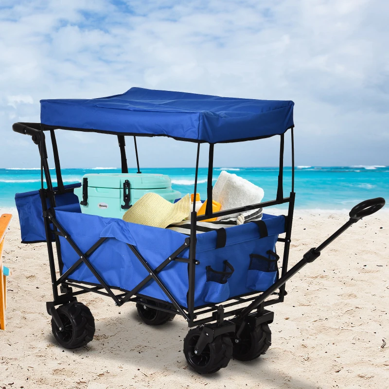 DURHAND Oxford Cloth Folding 2-Compartment Push/Pull Handle Trolley Cart Blue