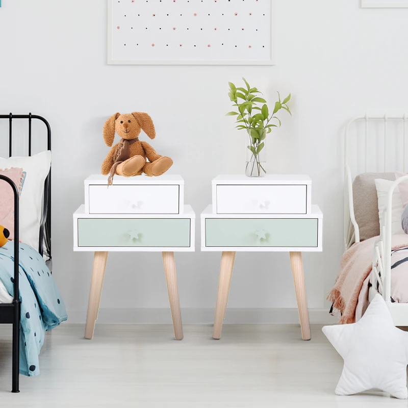 HOMCOM kindernachtkastje set van 2 bijzettafel 2 lades MDF blauw