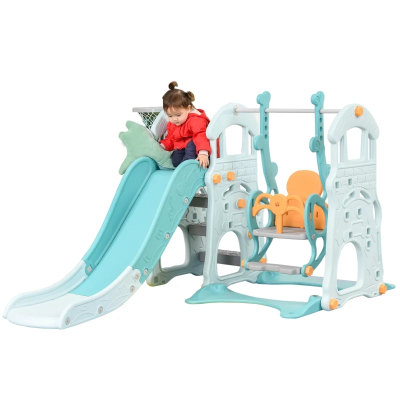 HOMCOM 3 in 1 kinderschommel kinderglijset speeltoren voor kinderen van 18 tot 48 maanden Kinderspeeltuin met basketbalring HDPE PP blauwgroen + geel 149 x 186 x 98 cm