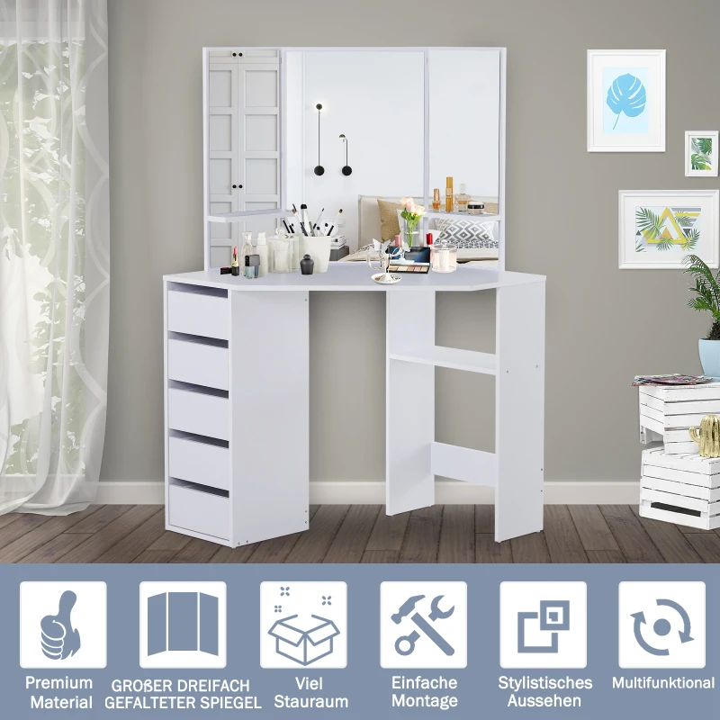 HOMCOM make-uptafel met 3 spiegels en 5 lades kaptafel