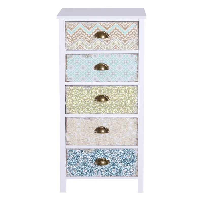 HOMCOM® ladekast bijzetkast met 5 lades hout gemêleerd lade ladekast kast shabby chic 46 b x 34 d x 97,5 h cm