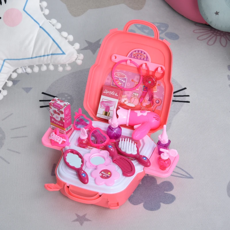 HOMCOM Kinder Schminkset Spielzeug Prinzessin Friseur Set Frisierkoffer Rollenspiel Schminkkoffer für 3-9 Jahre mit 23 Zubehören Rosa 30 x 28 x 30 cm