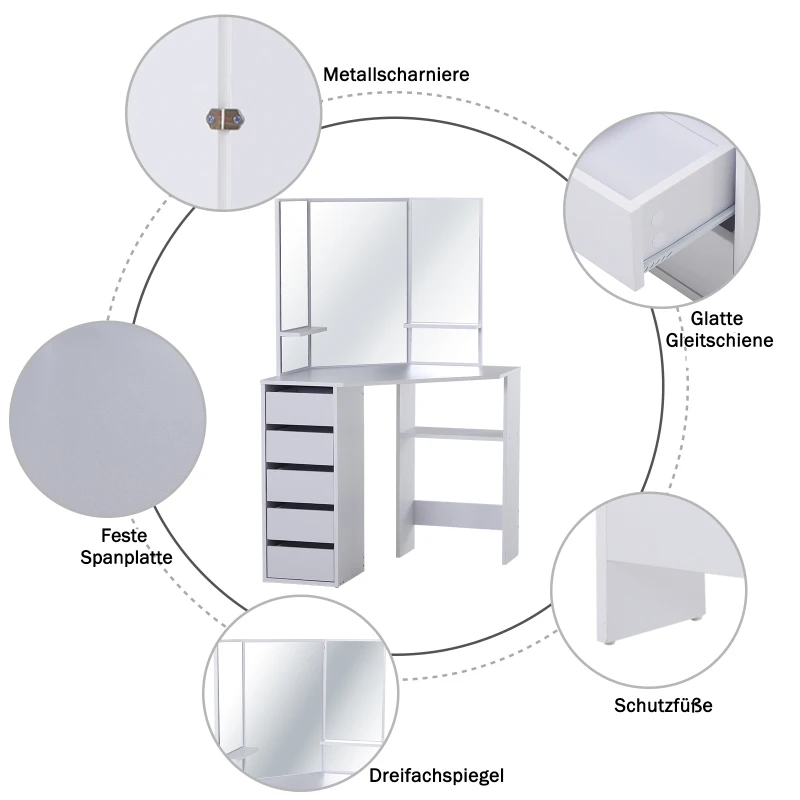 HOMCOM make-uptafel met 3 spiegels en 5 lades kaptafel