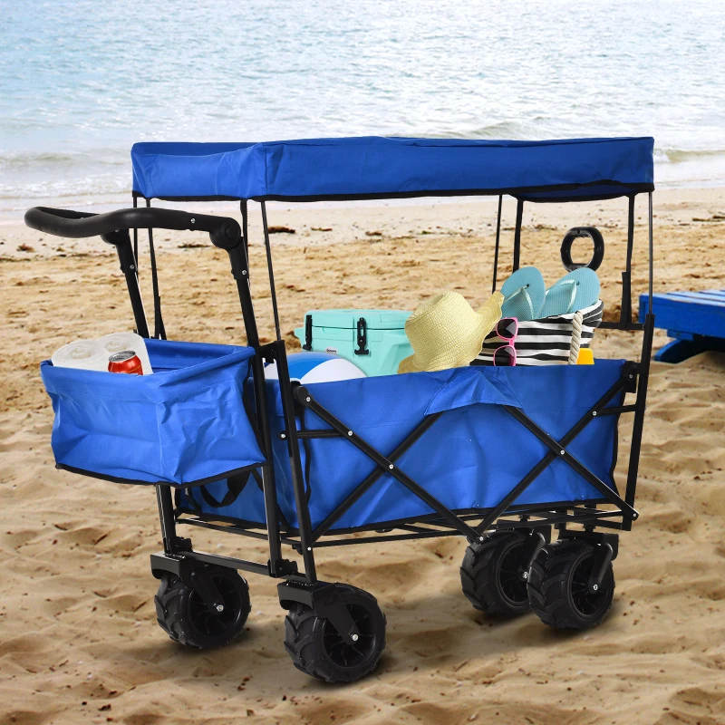 DURHAND Oxford Cloth Folding 2-Compartment Push/Pull Handle Trolley Cart Blue