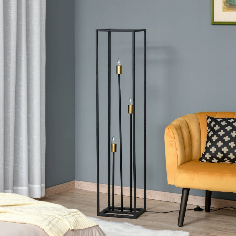 HOMCOM vloerlamp met 3 lampvoeten moderne vloerlamp met E27/E26 voetschakelaar voor woonkamer slaapkamer staal zwart 30 x 30 x 140 cm